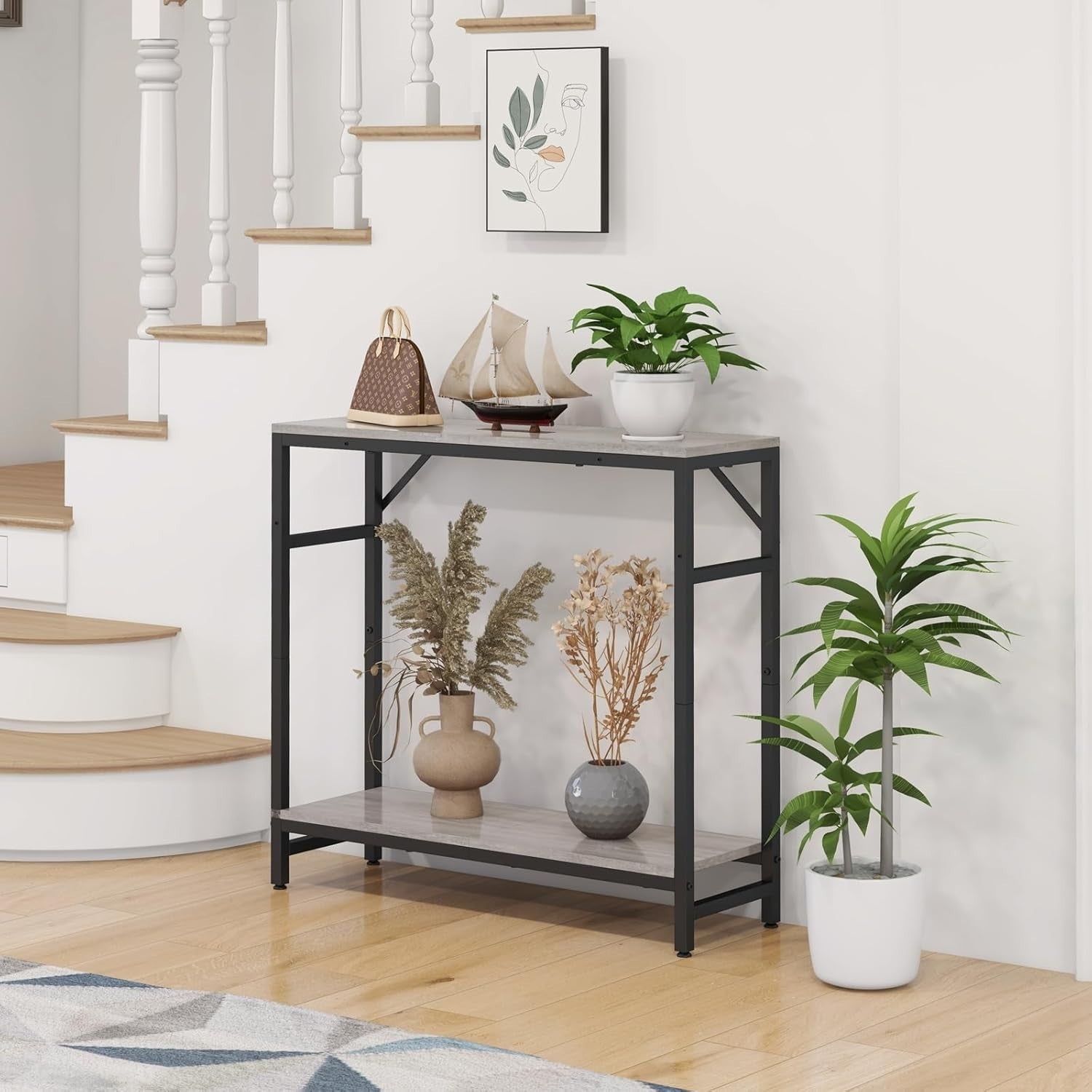 Slim Narrow Console Table with Storage Shelf & Support Bars for Hallway