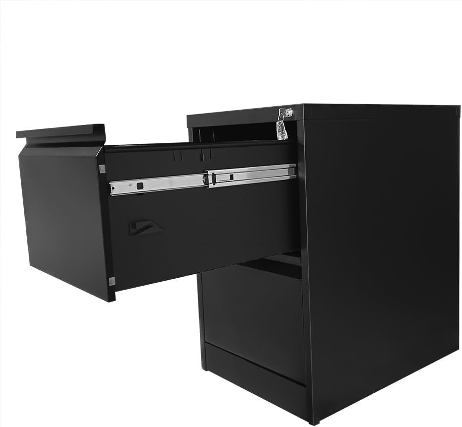 Black Metal Filing Cabinet 2 Drawer Lockable Office Storage Heavy Duty