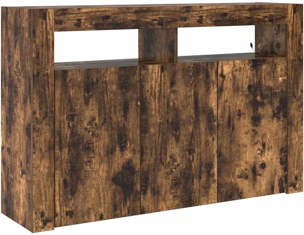 Modern Smoked Oak Sideboard with LED Lights | 8 Storage Compartments | 3 Doors