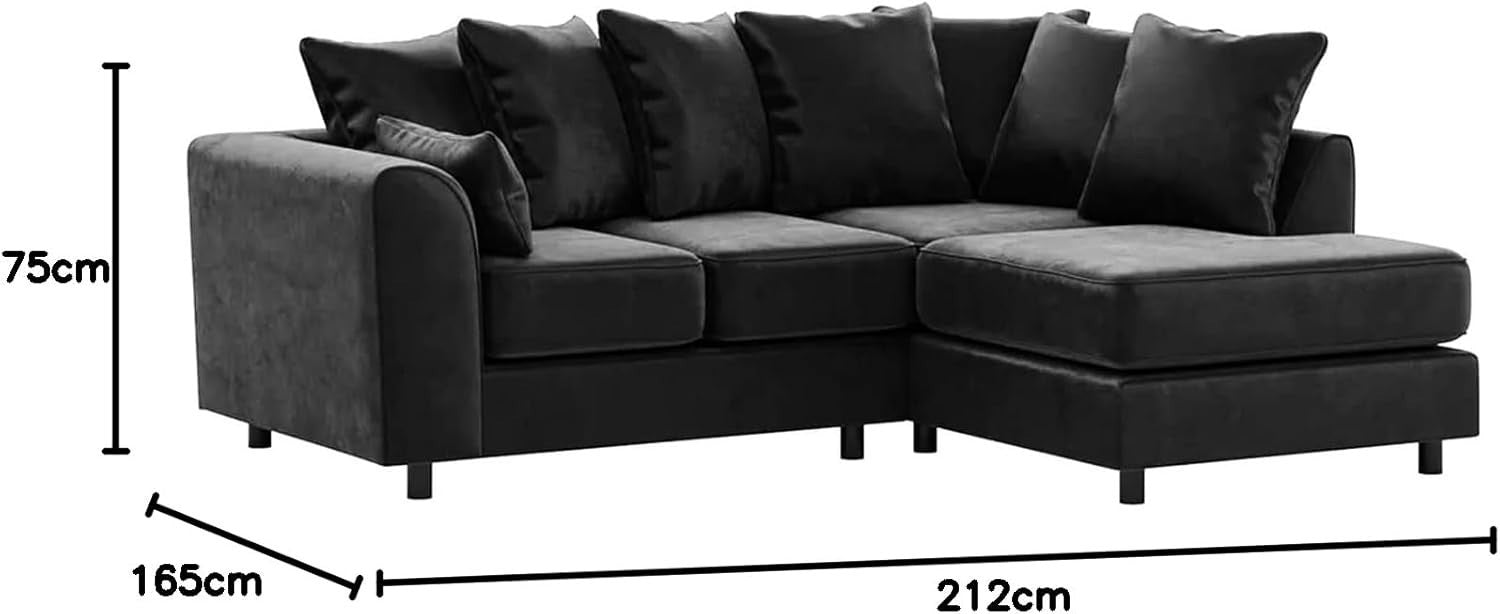 Black Velvet Corner Sofa 4 Seater L Shape | RH Full Foam Seating | Modern Chaise