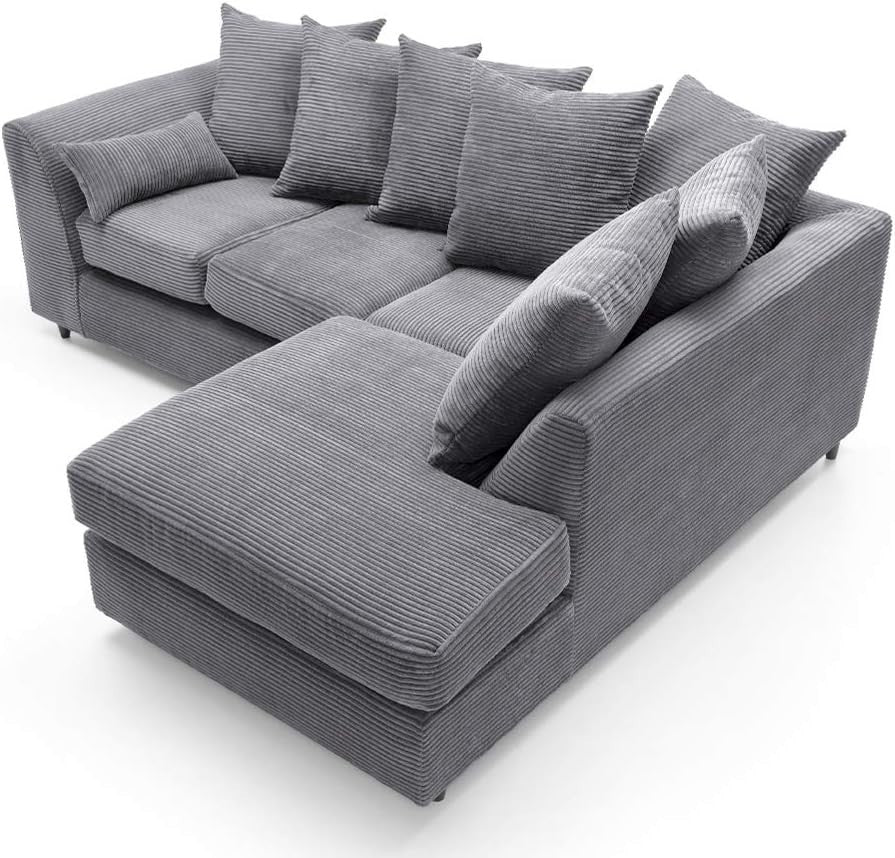 Grey Jumbo Cord Right Hand L Shaped Sofa | Deep Cushions | Durable Frame