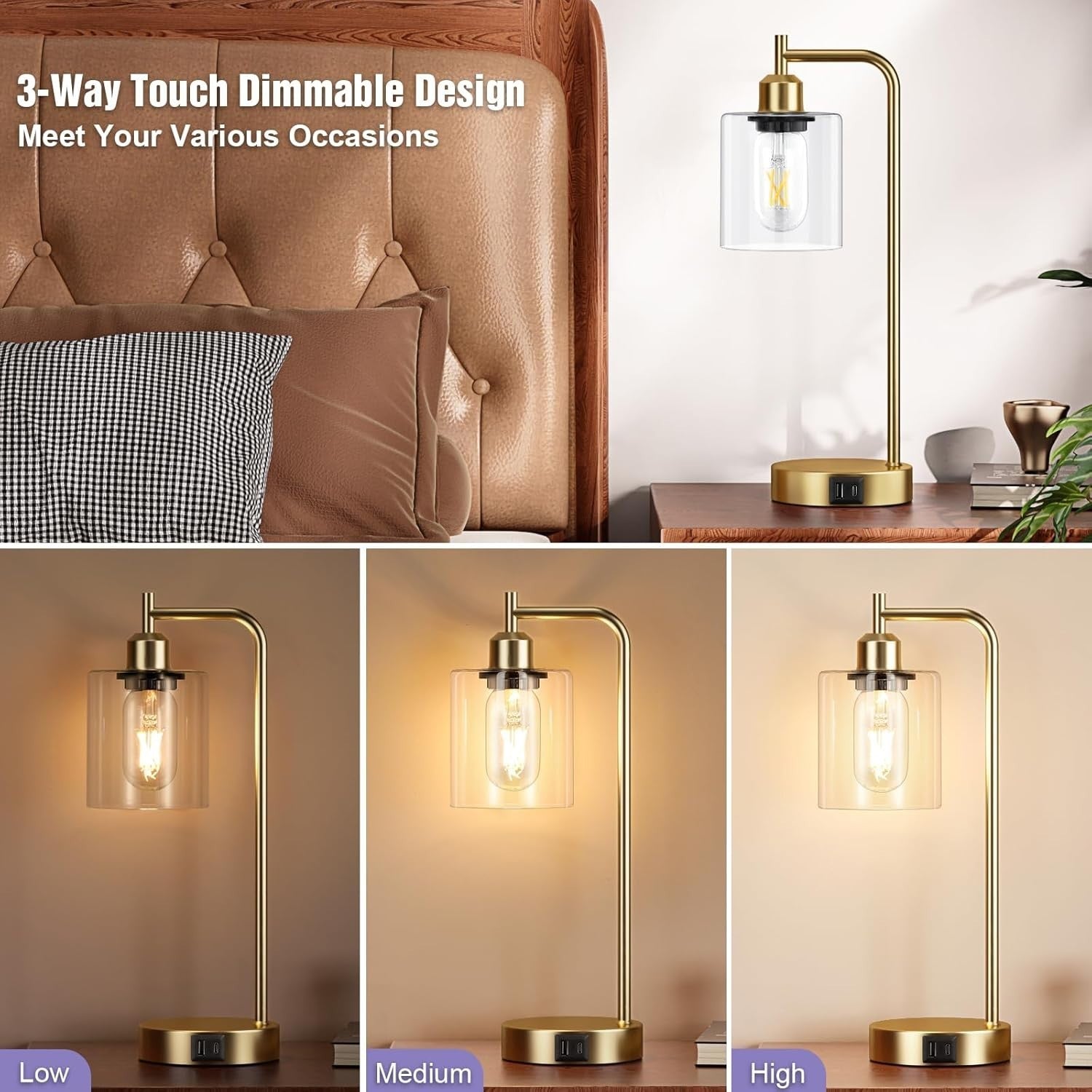 Gold Touch Bedside Lamps Set of 2 USB C+A Dimmable Clear Glass