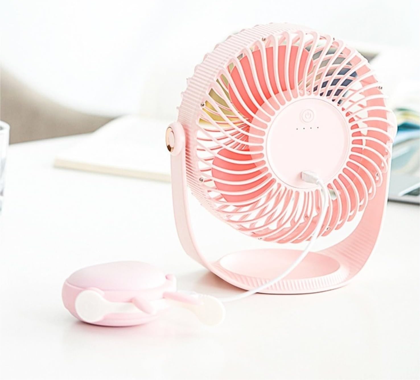 Rechargeable Table Desk Fan 180° Rotation Quiet Mini USB Cooling Fan Pink