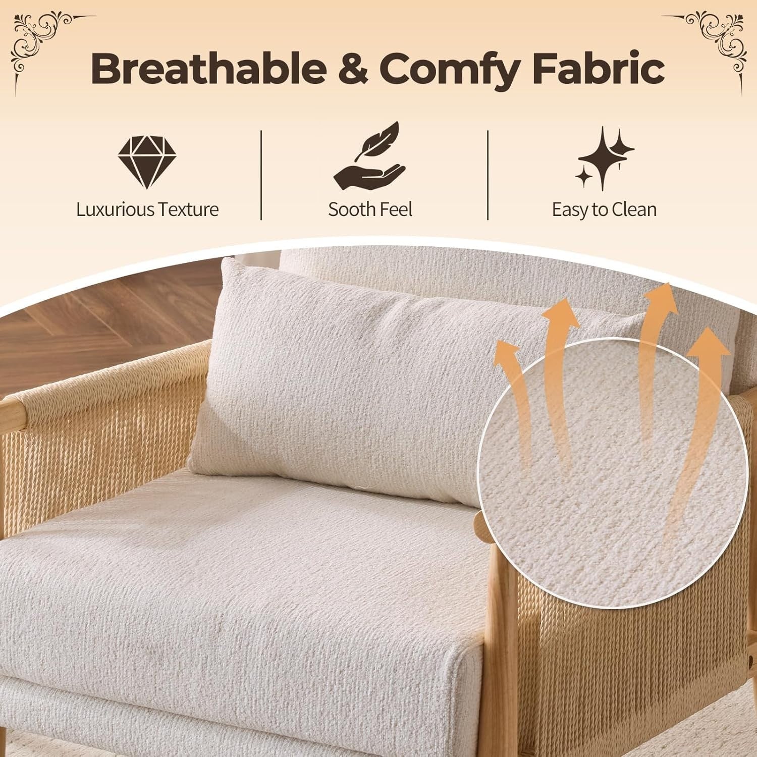 Mid-Century Rattan Accent Chair with Lumbar Pillow, Comfy Armrest