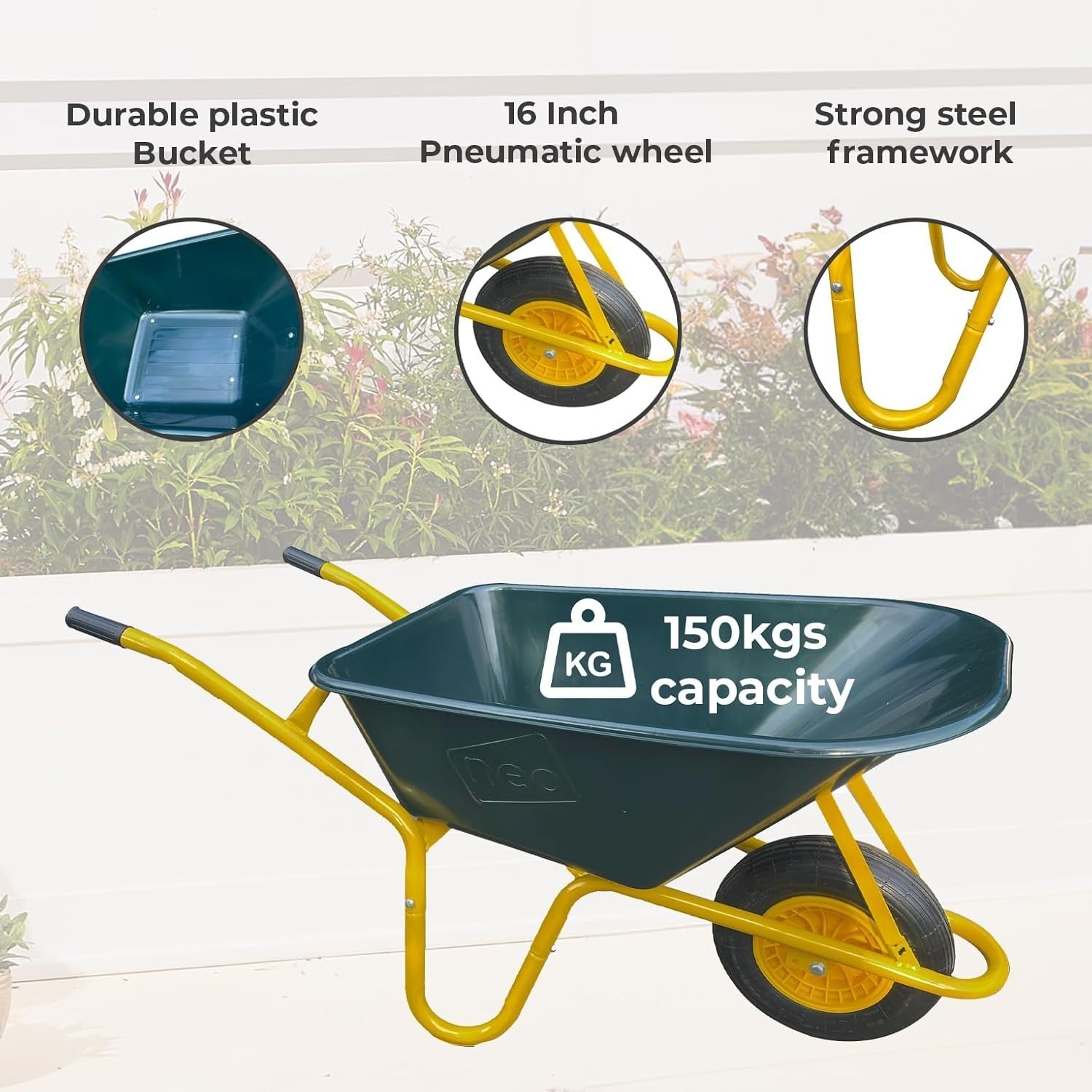 110L Heavy Duty Garden Wheelbarrow Green – Pneumatic Tyre w/ Plastic Tray 150kg