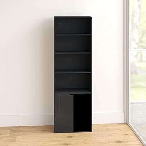 Black 6 Tier Bookcase with Cupboard Modern Storage Shelf 29D x 59W x 180H