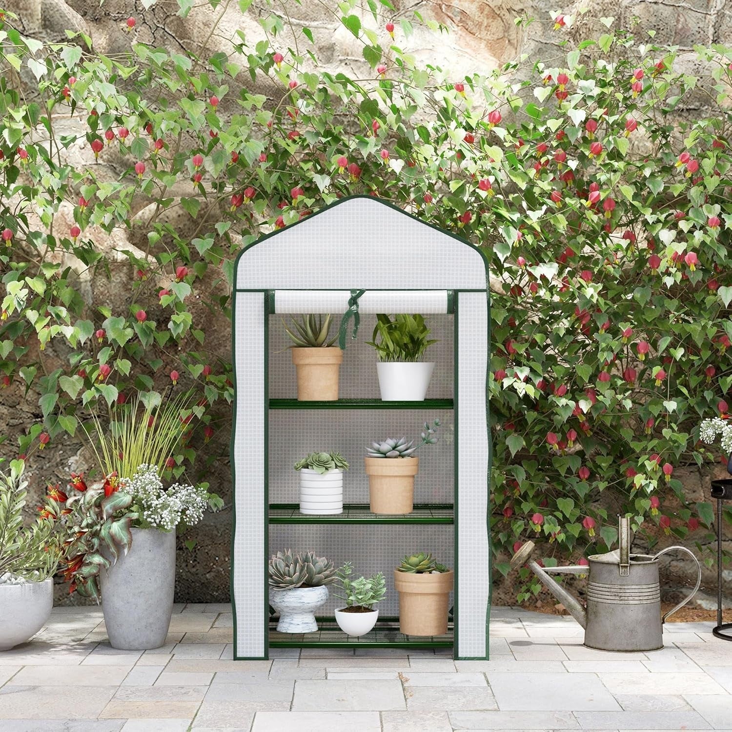 3 Tier Mini Greenhouse with Reinforced PE Cover Roll-Up Door for Plants