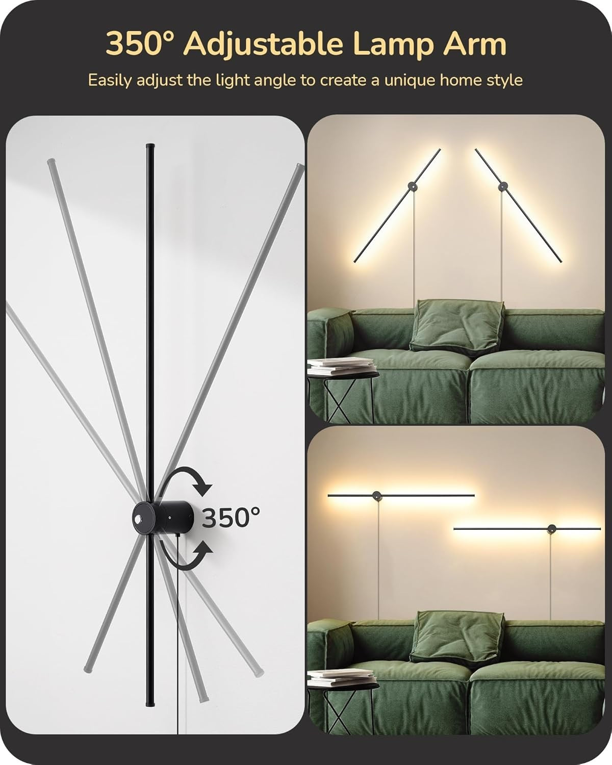 Modern Plug In Wall Sconce Lights Set 2 Remote 350° Rotate LED Dimmable