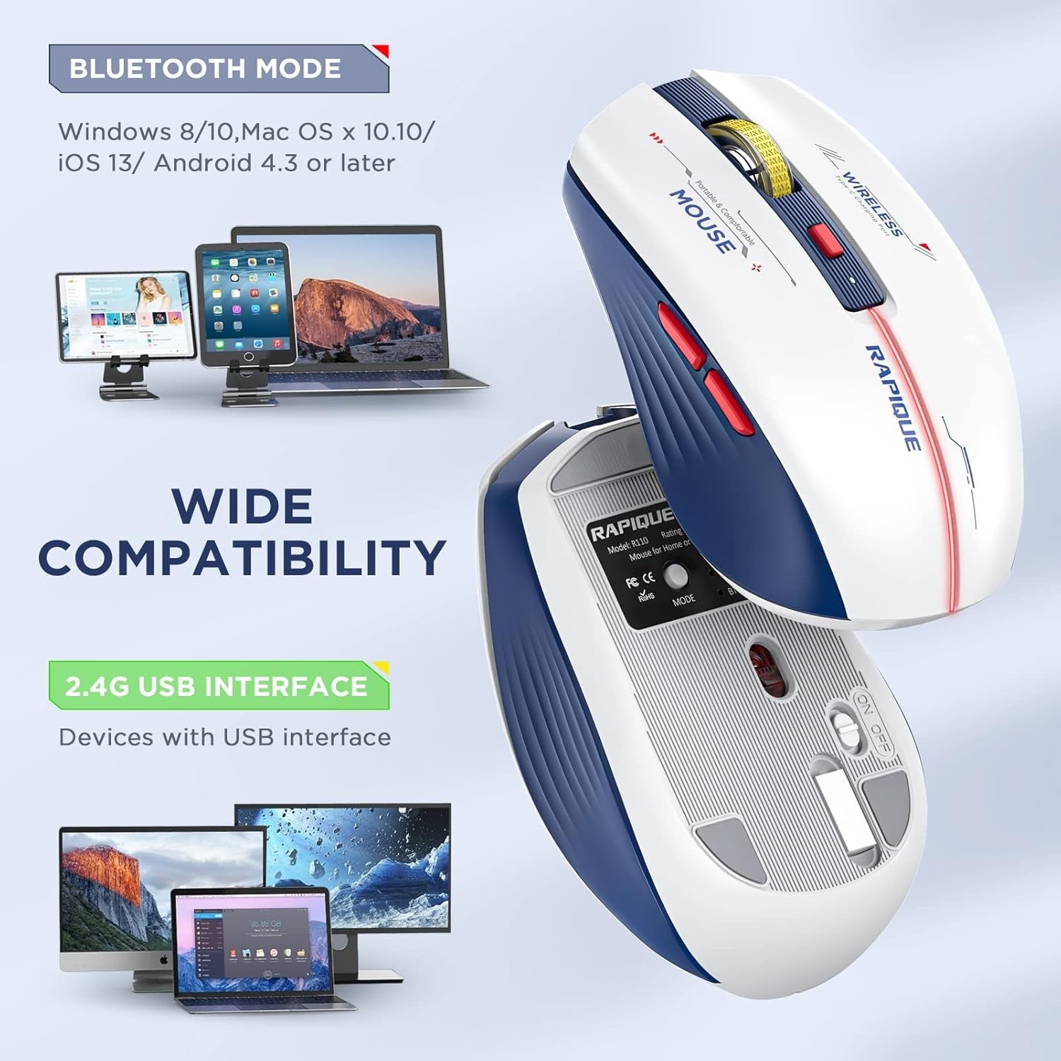 RAPIQUE Bluetooth Wireless Mouse Tri-Mode USB Multi-Device Blue White