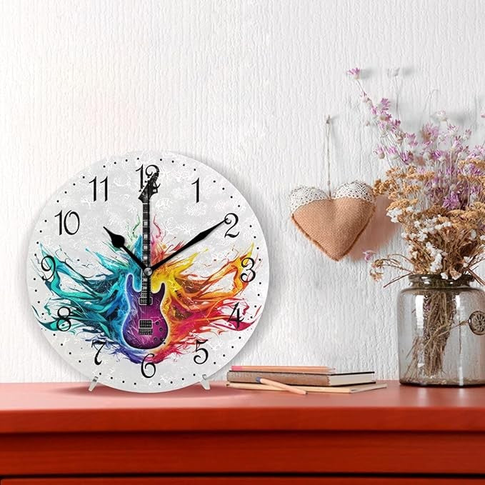 Colourful Guitar Wall Clock 25cm Music Art Silent Non-Ticking Creative Home Deco