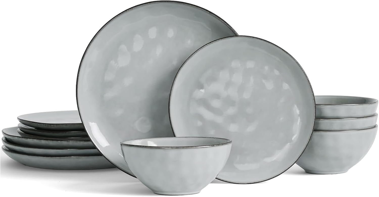 12pc Stoneware Dinner Set Wave Plates Bowls Dishwasher Microwave