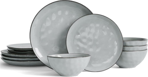 12pc Stoneware Dinner Set Wave Plates Bowls Dishwasher Microwave
