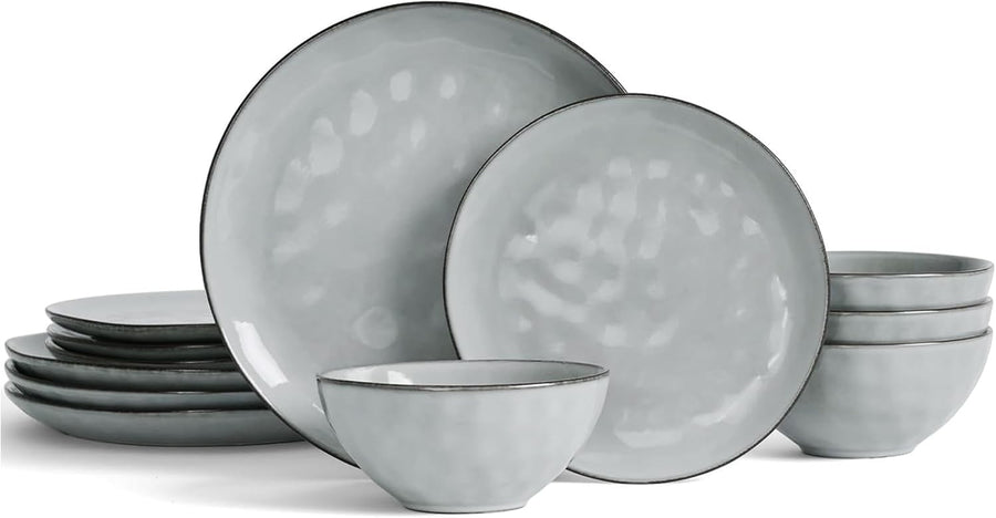 12pc Stoneware Dinner Set Wave Plates Bowls Dishwasher Microwave