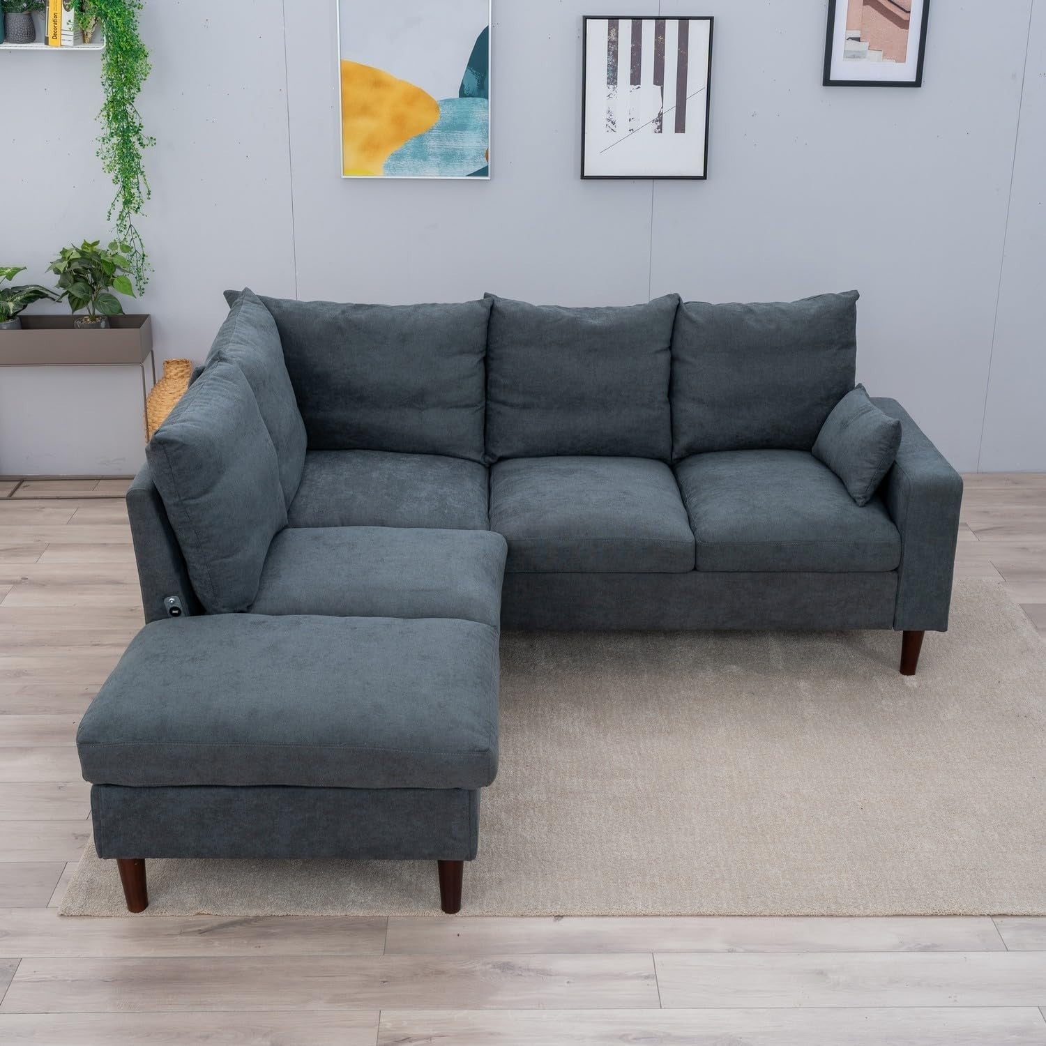 5 Seater L Shape Corner Sofa with USB Port, Storage Pockets & Wood Legs