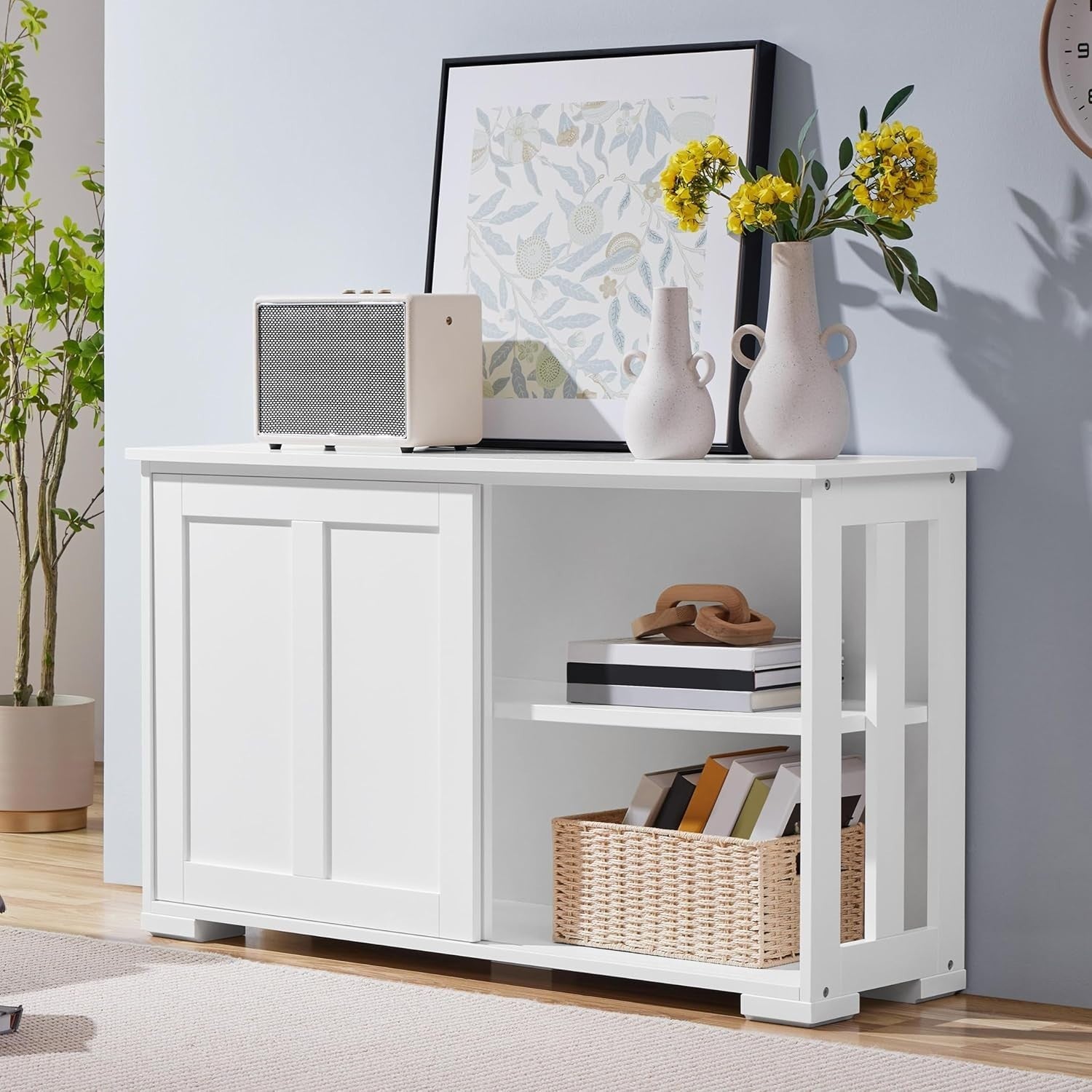 White Sideboard Cabinet 63.5cm Buffet Sliding Door Adjustable Shelf