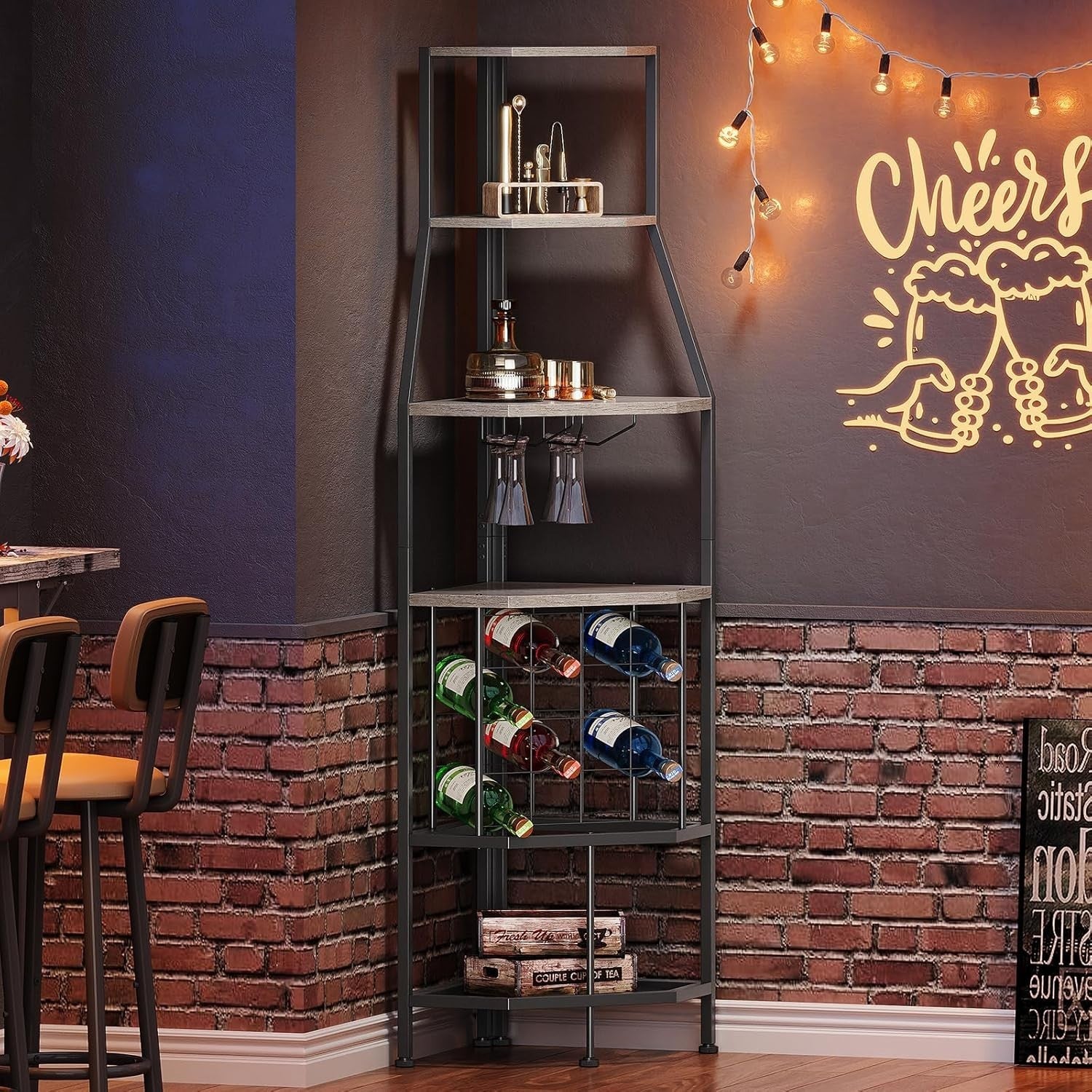5-Tier Corner Wine Rack with Glass Holder Grey Bottle Storage Home Bar Shelf