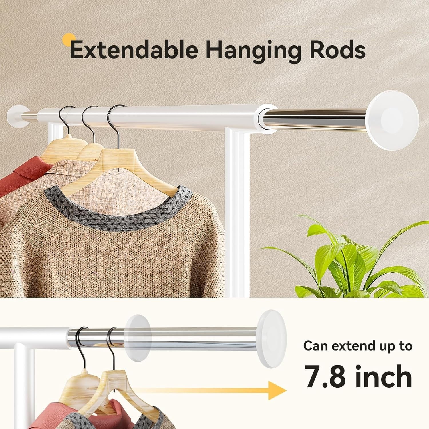 White Metal Garment Rack with Wheels & Bottom Shelves