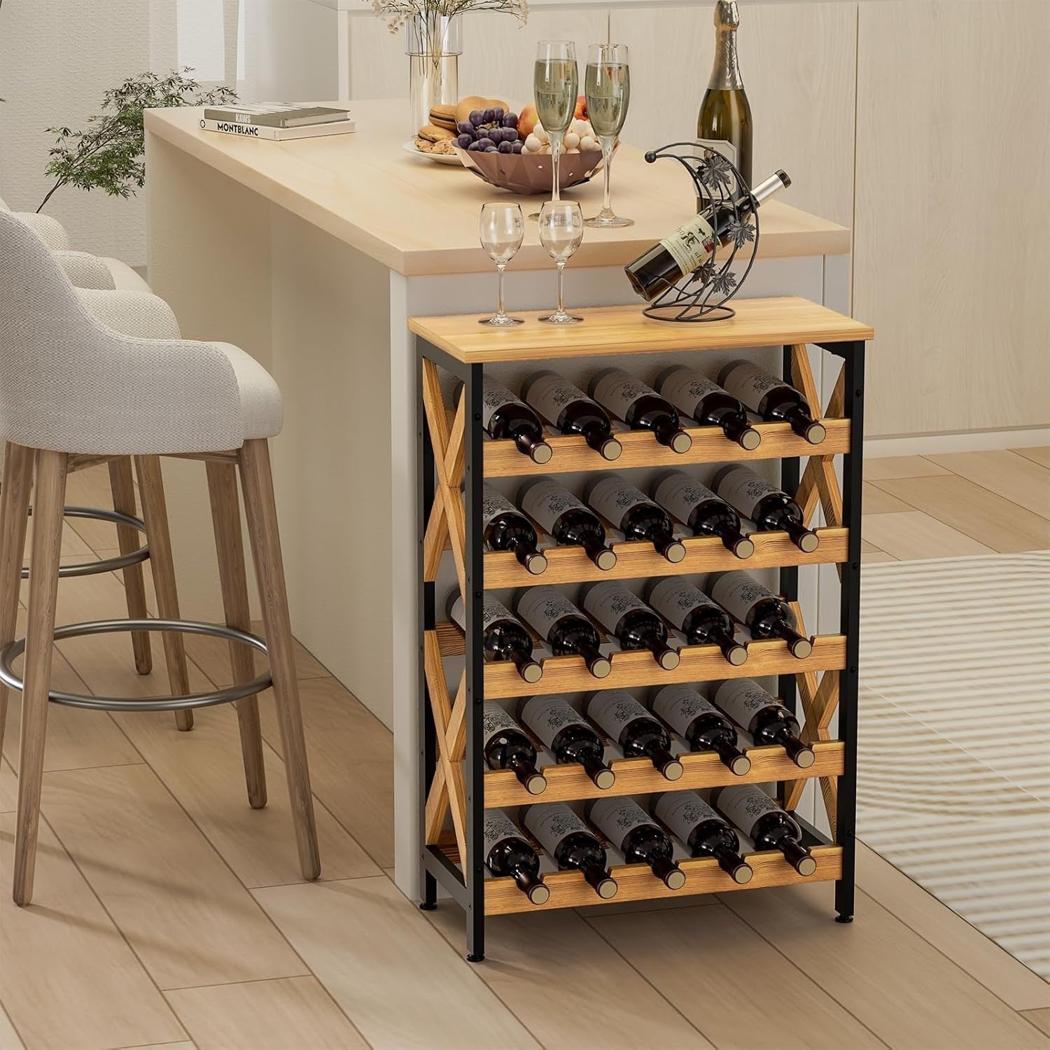 25 Bottle Wine Rack 5 Tier Rustic Floor Standing Storage Shelf with Wood Top Bar