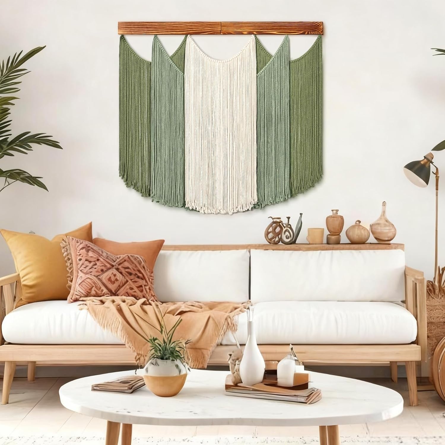 Boho Macrame Wall Hanging Dip-Dyed Green Beige Woven Tapestry