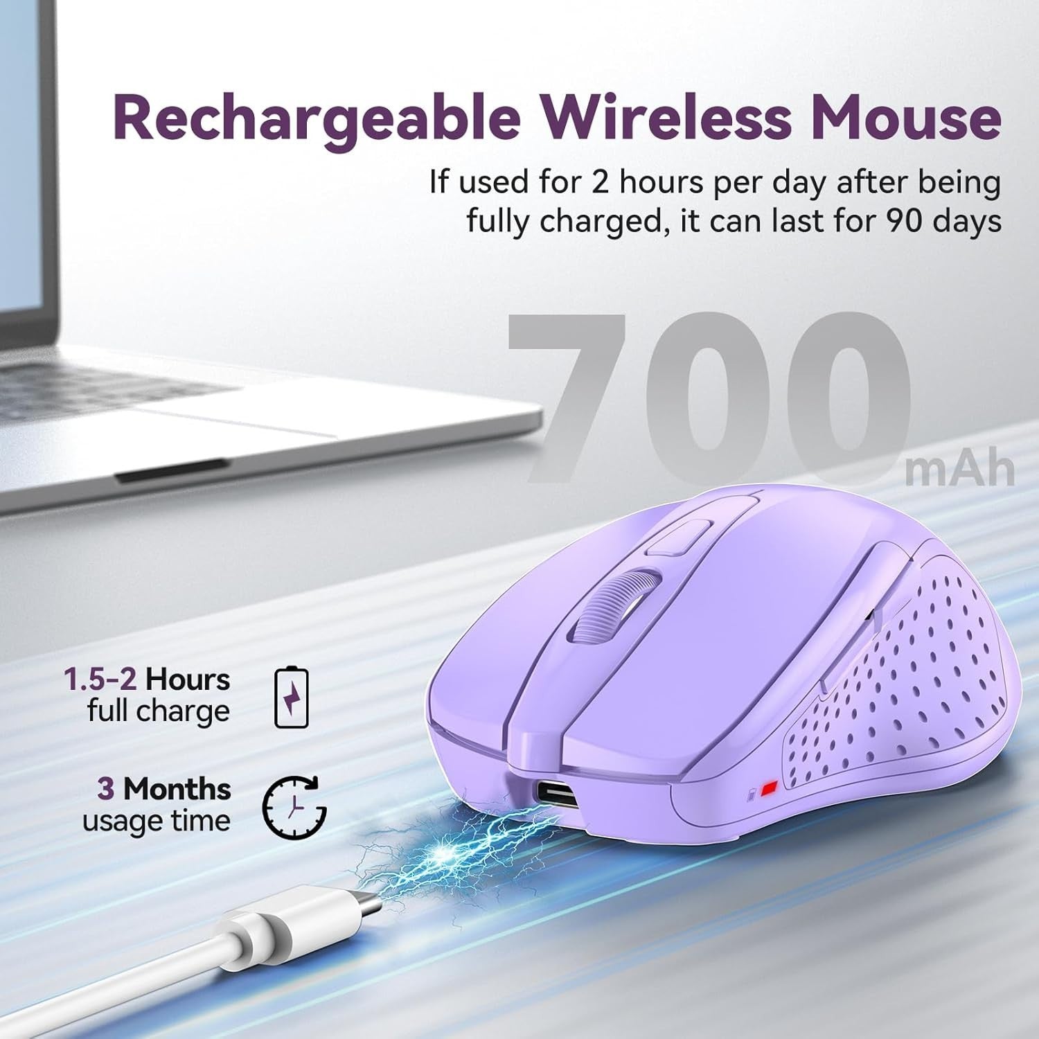 Silent Rechargeable Bluetooth Mouse 4800 DPI Ergonomic Light Purple Laptop PC