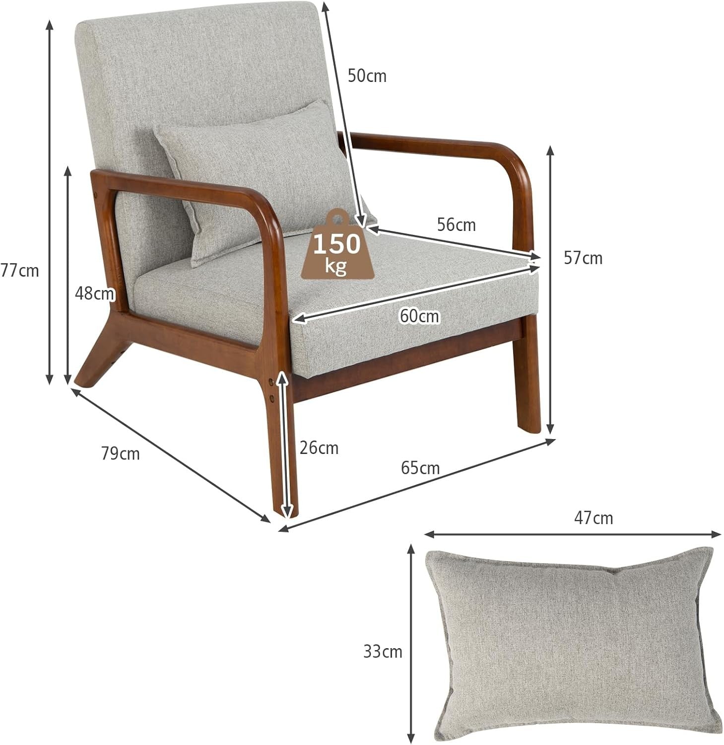 Grey Accent Armchair Modern Upholstered Lounge Chair Lumbar