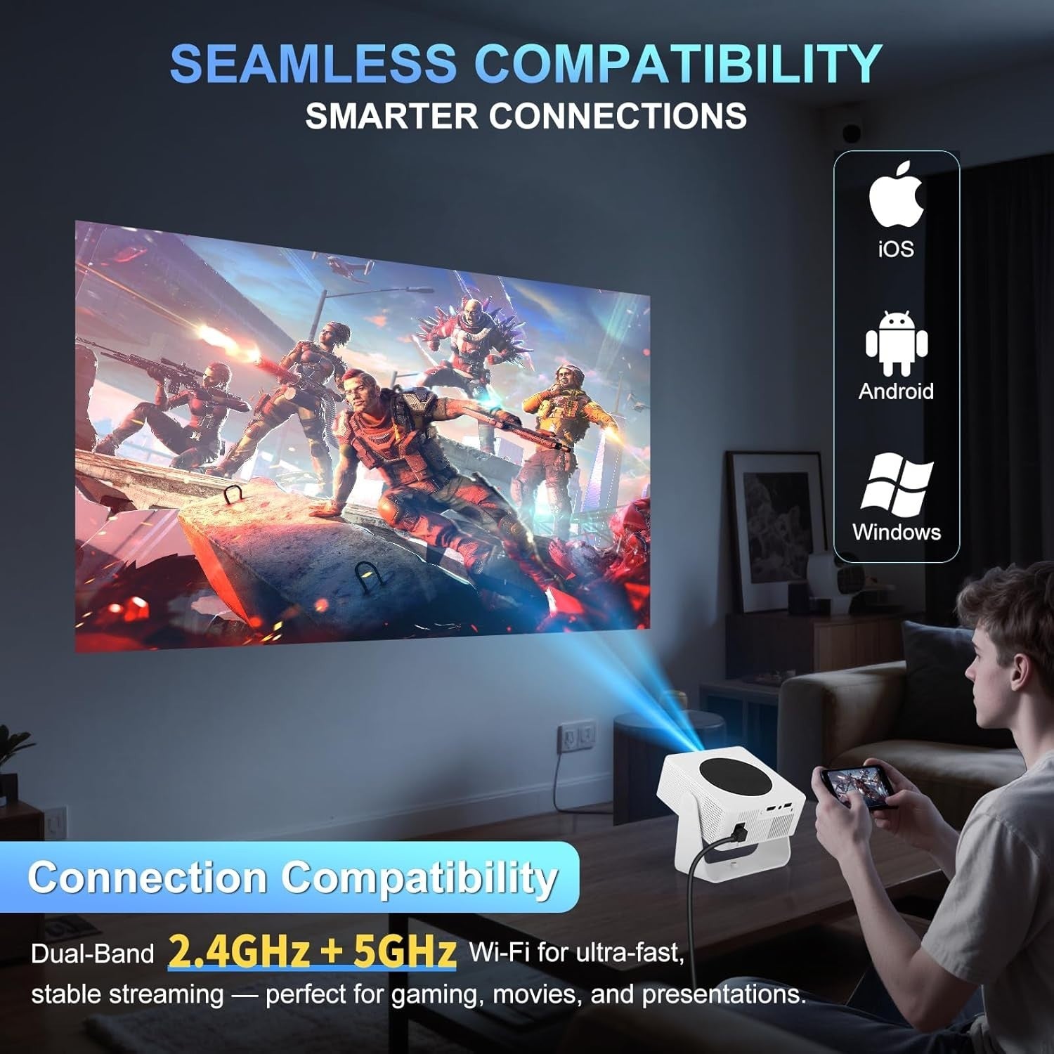 1080P Smart Mini Projector WiFi 6 Bluetooth Auto Keystone Electric Focus