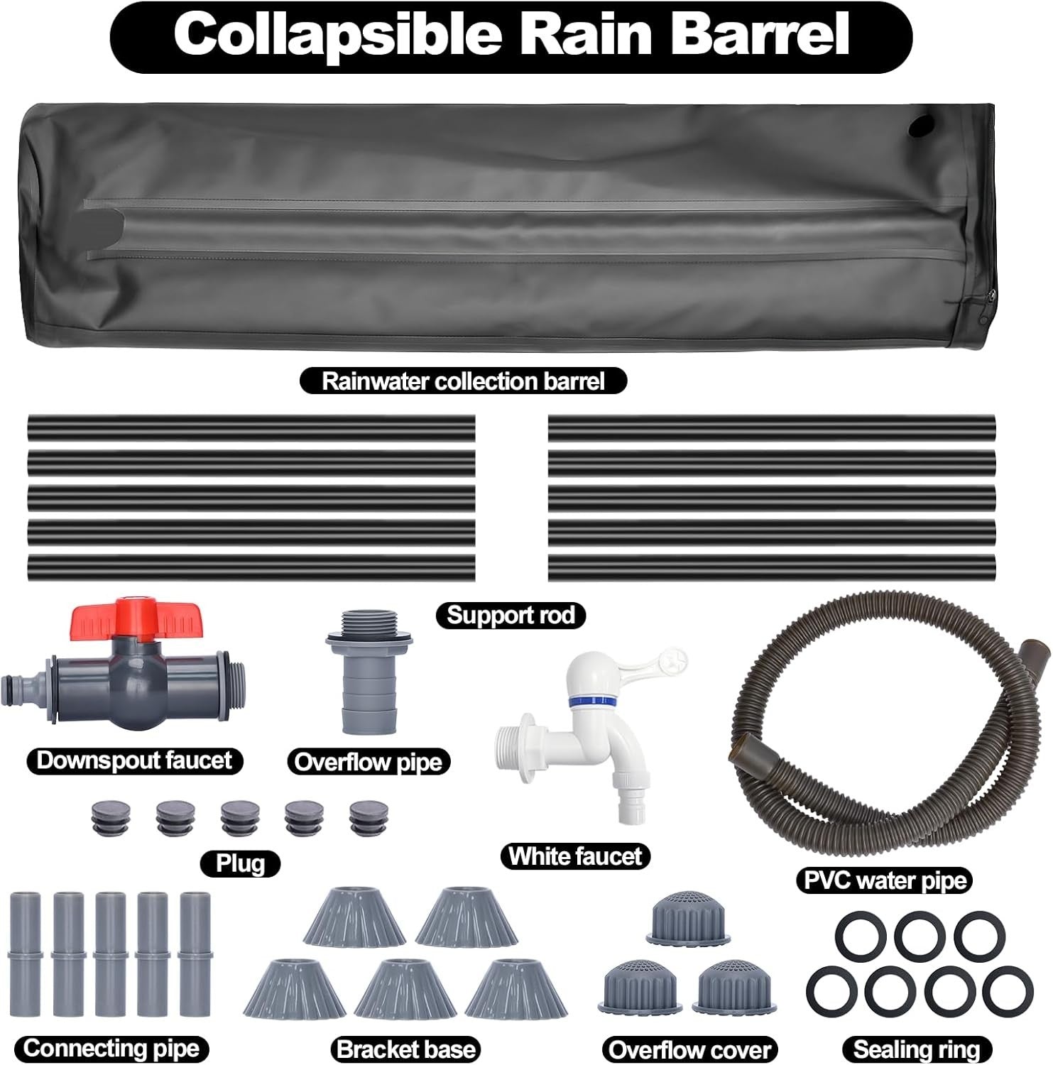 100L Collapsible PVC Rain Barrel with Mesh Top, Spigot & Overflow Kit