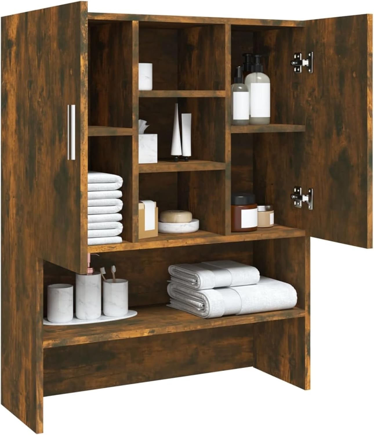 Smoked Oak Washing Machine Cabinet Tall Laundry Storage Unit with Doors & Shelve