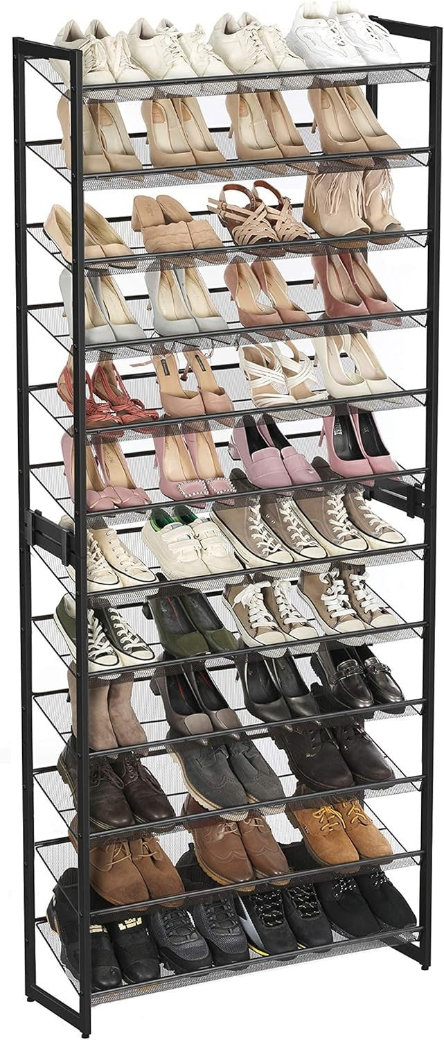 12-Tier Adjustable Metal Shoe Rack – Stackable, Holds 48-60 Pairs, Black