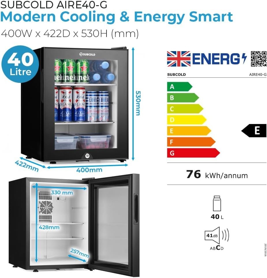 40L Mini Fridge Lockable Quiet Glass Door Bedroom Hotel Black