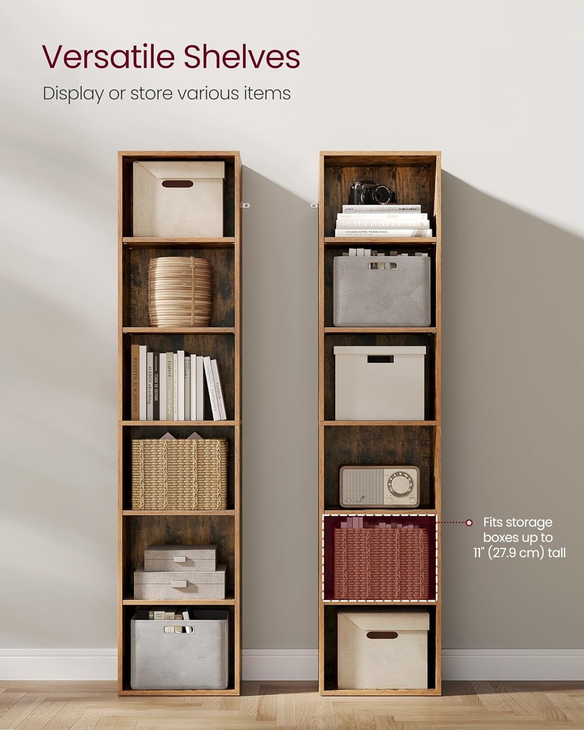 6-Tier Rustic Brown Bookcase Tall Storage Shelf Unit with Drawer for Home