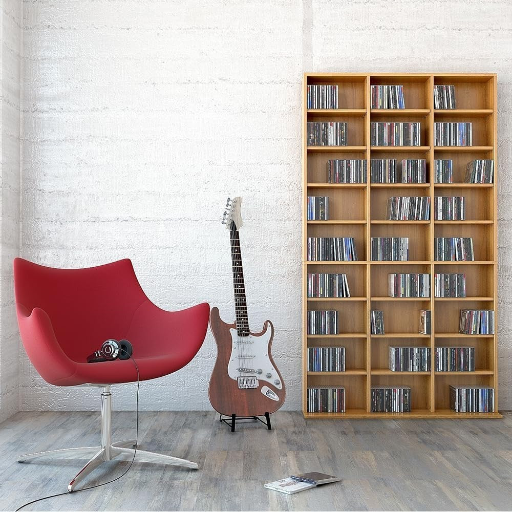 CD DVD Storage Shelf Tower 178cm 27 Adjustable Shelves Wall Mount Beech