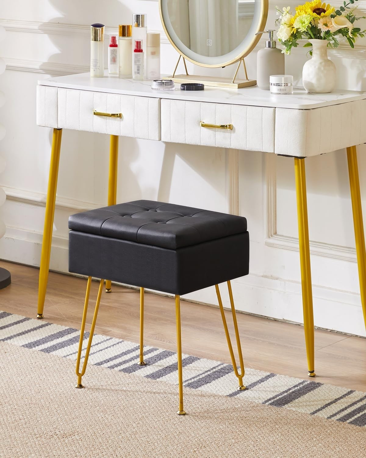 Black PU Leather Vanity Stool with Storage & Flip Tabletop – Metal Legs