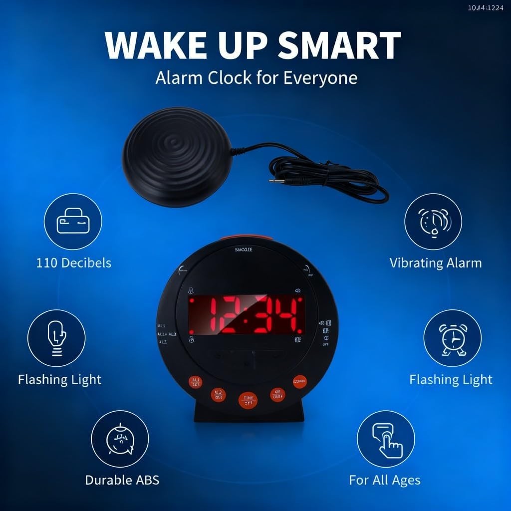 Extra Loud Alarm Clock 110dB Bed Shaker Vibrating Flash Light Heavy Sleepers