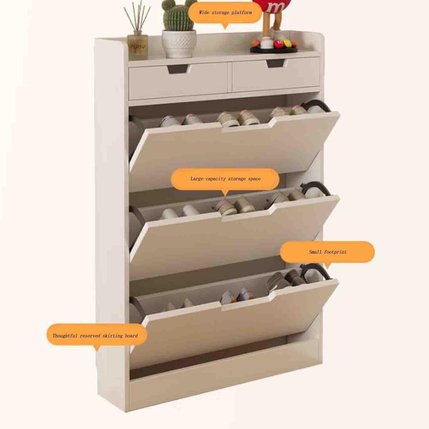 Slim Solid Wood Shoe Cabinet with 3 Flaps & 2 Drawers – 100×17×121 cm