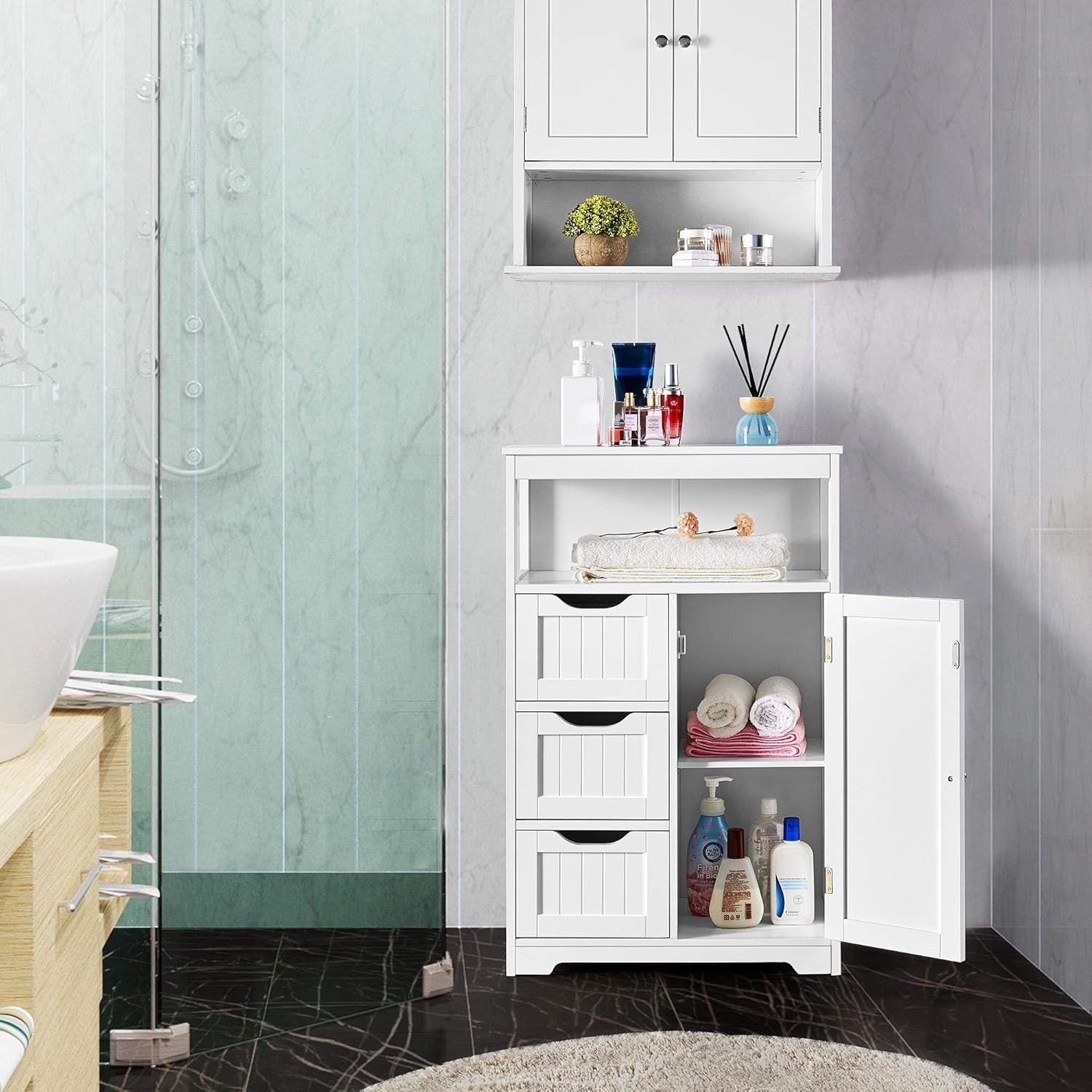 White Bathroom Storage Cabinet with 3 Drawers & Door Freestanding Unit