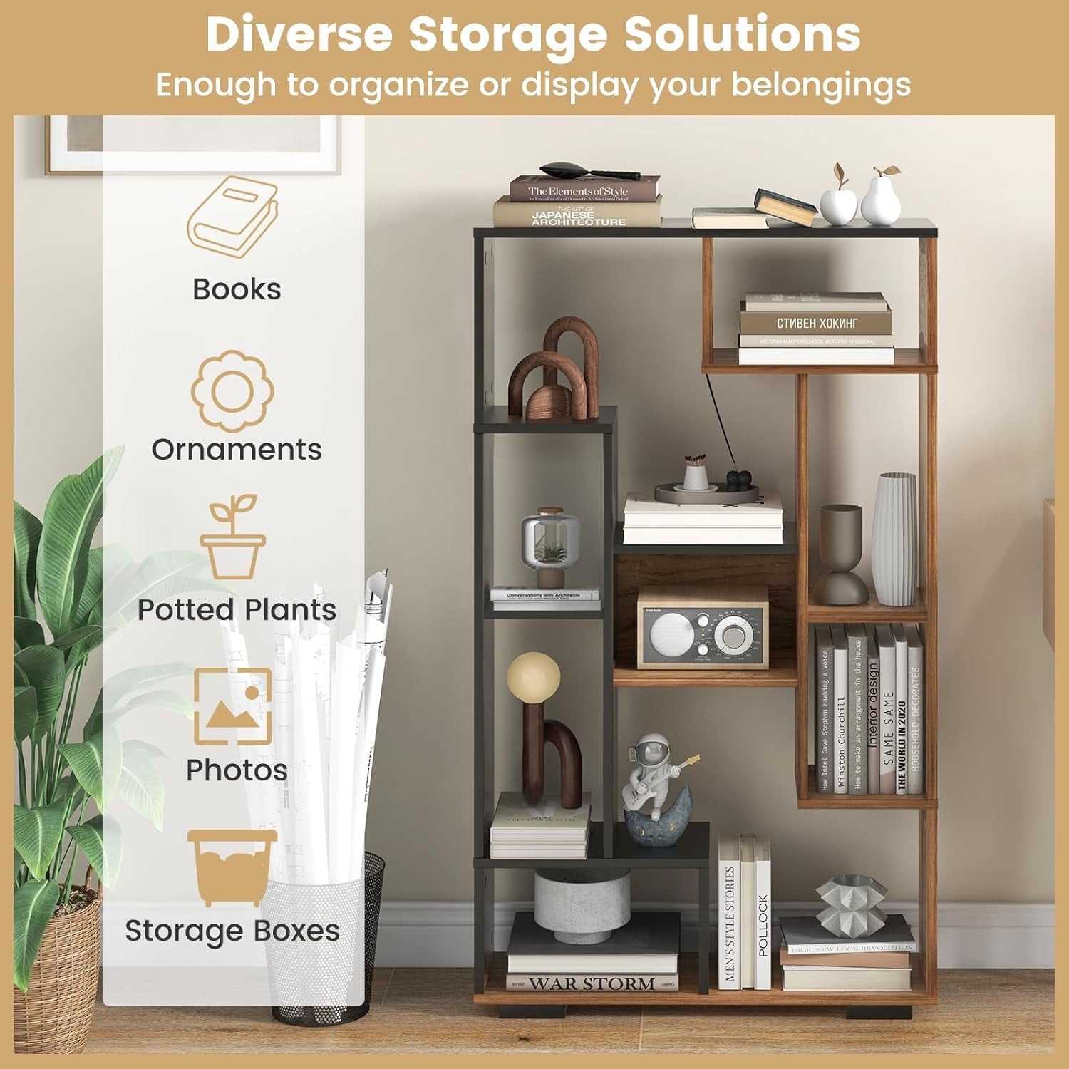 11-Cube Geometric Bookcase Black Natural | Modern Freestanding Display Storage