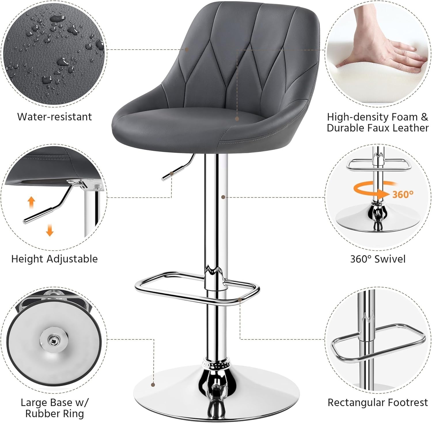 Adjustable Swivel Bar Stools with Backrest & Footrest – Dark Grey