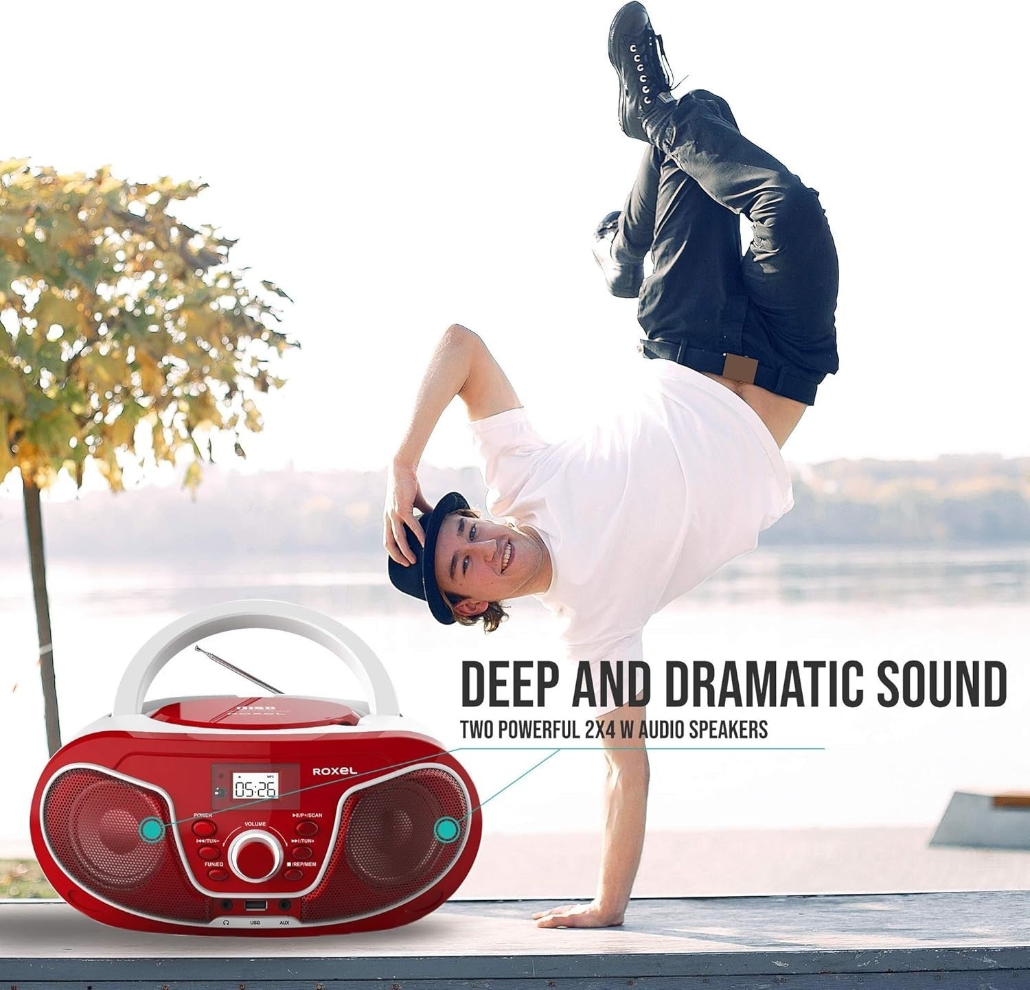 Red Portable Boombox CD Player FM Radio USB AUX Bluetooth Remote
