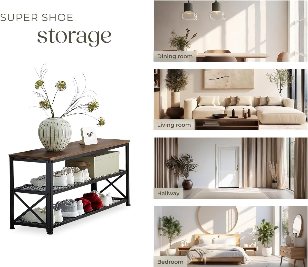 Space-Saving 3-Tier Shoe Rack with Dark Wood Shelf & Sturdy Steel Frame