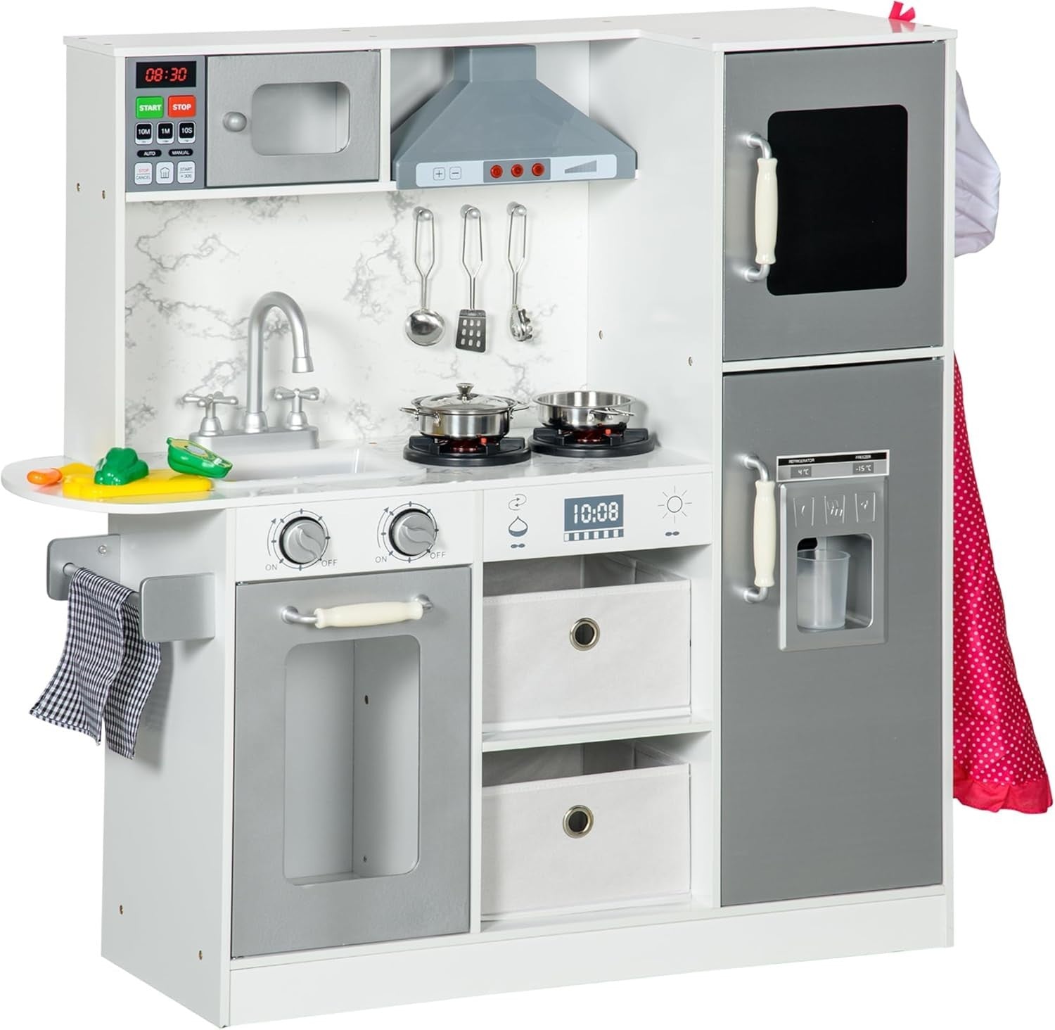 Wooden Kids Play Kitchen White w/ Lights Sounds Ice Maker Set