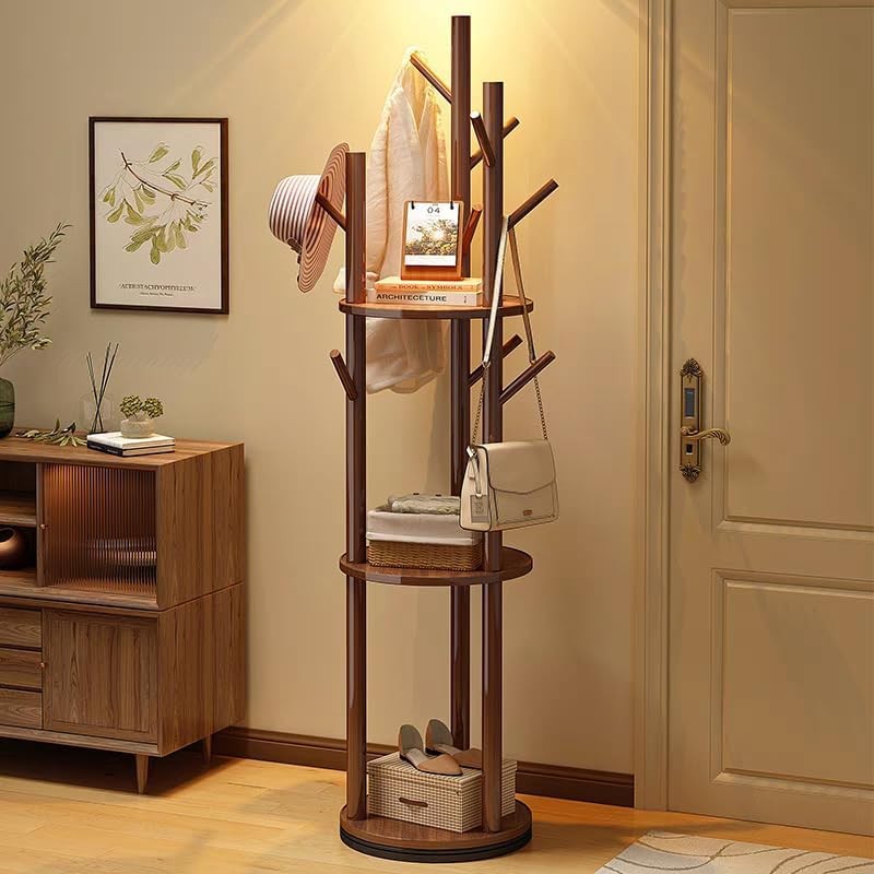 360° Rotating Wooden Coat Rack Stand with Shelf Solid Wood Hall Tree 165cm
