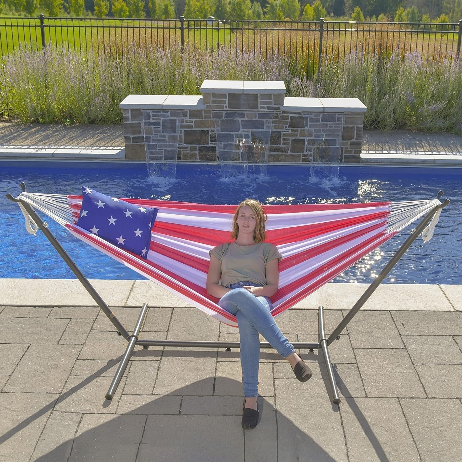 Double Cotton Hammock with Stand – 280cm Patriotic Outdoor Bed, 2 Person Relax