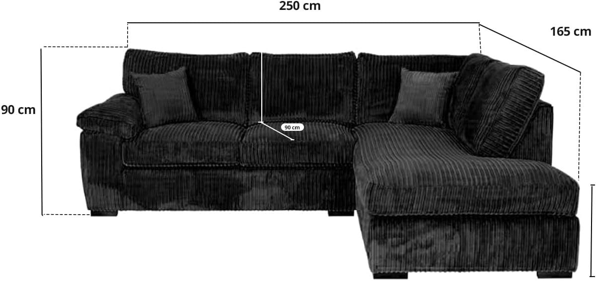 L Shape Corner Sofa Black Jumbo Cord 4 Seater Right Hand Modern Couch