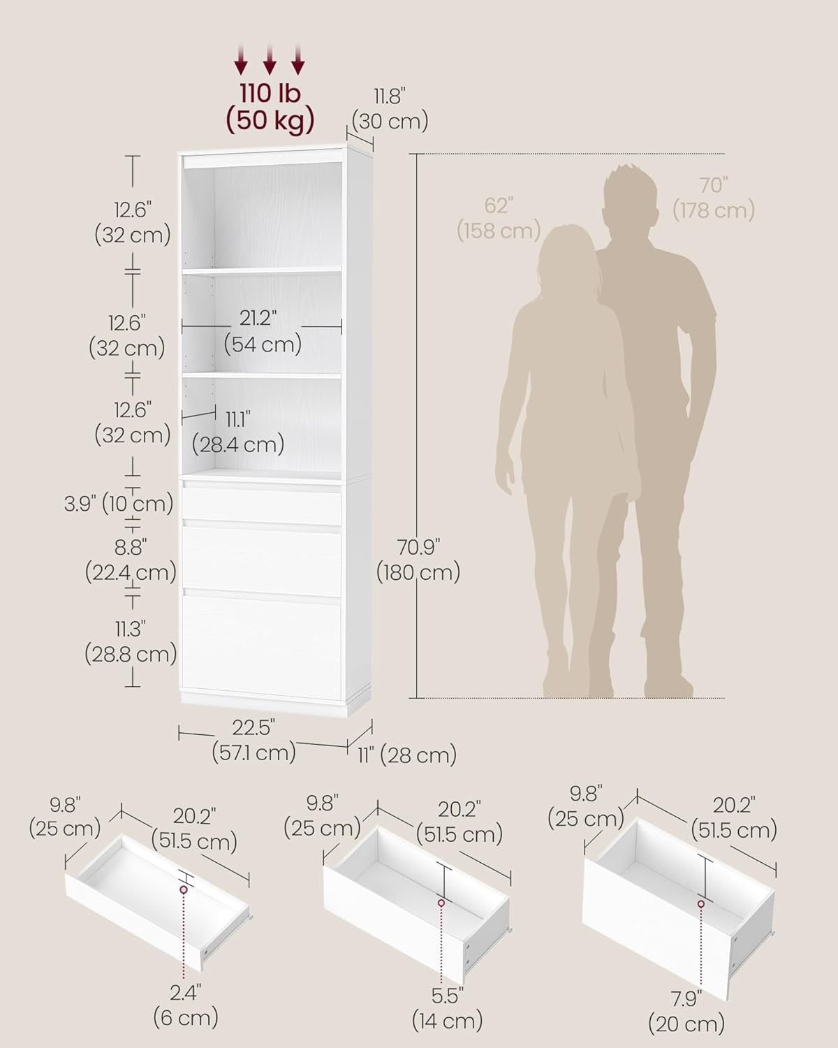 Tall White Bookcase with Drawers – Adjustable Shelves Modern 180cm Storage Unit