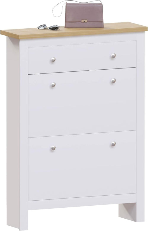 Modern 2-Door Shoe Cabinet with 2 Drawers – Slim White & Oak Storage