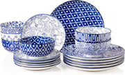 18pc Porcelain Dinnerware Set Blue White Plates Bowls Service for 6