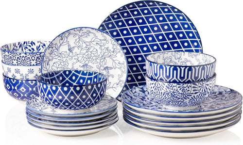 18pc Porcelain Dinnerware Set Blue White Plates Bowls Service for 6