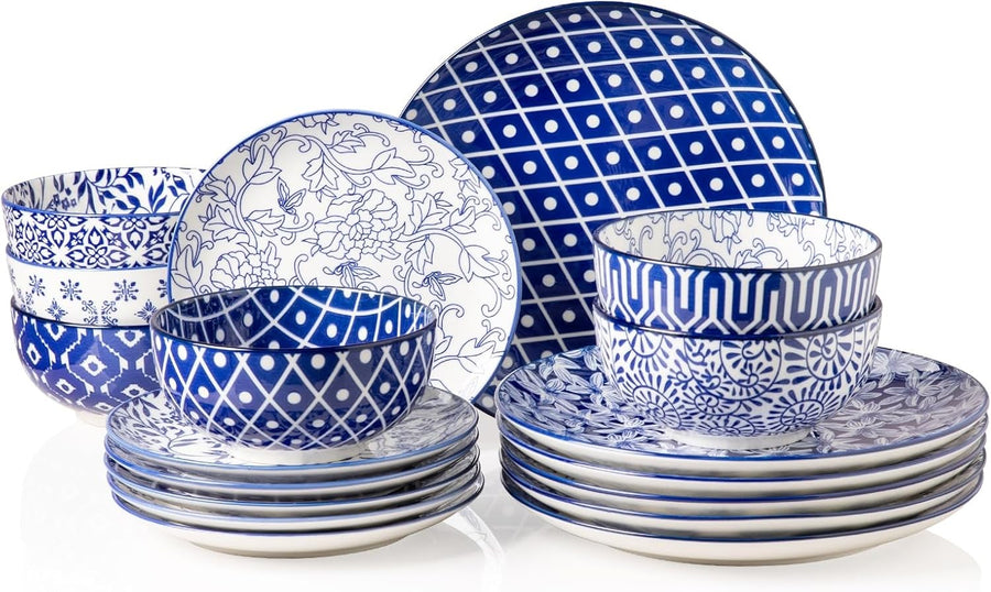 18pc Porcelain Dinnerware Set Blue White Plates Bowls Service for 6