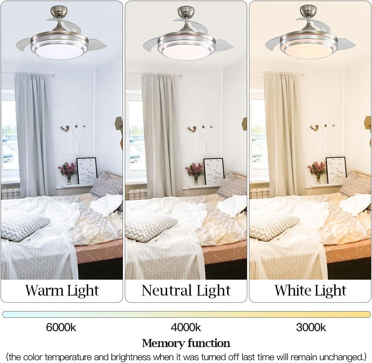 Warmiehomy 42" Ceiling Fan with Lights Retractable Blades 36W LED Sliver